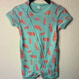Okie Dokie Aqua and Coral Seahorse Romper shortie -9 months